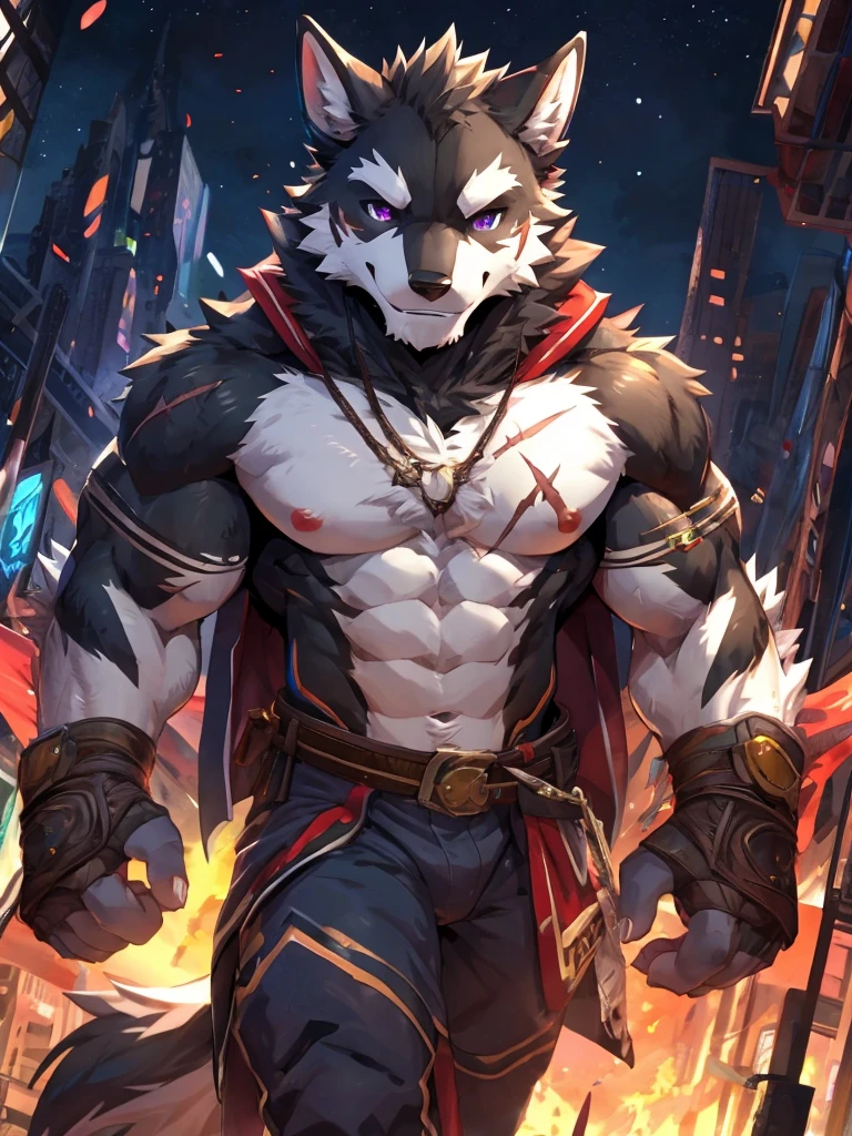 embedding:Black wolf,male, Purple eyes,Scar on the face, Single Person,black fur.The chest and abdomen are white fur.A film actor,Daily wear,Daily life,Tattoo,Overbearing,Adult male,strong,Handsome,Confident,Young,Muscular,Tall,Best quality hands, best quality eye,detailed fur,Delicate eyes.Extreme picture quality,by sollyz,by zixiong,by null_ghost