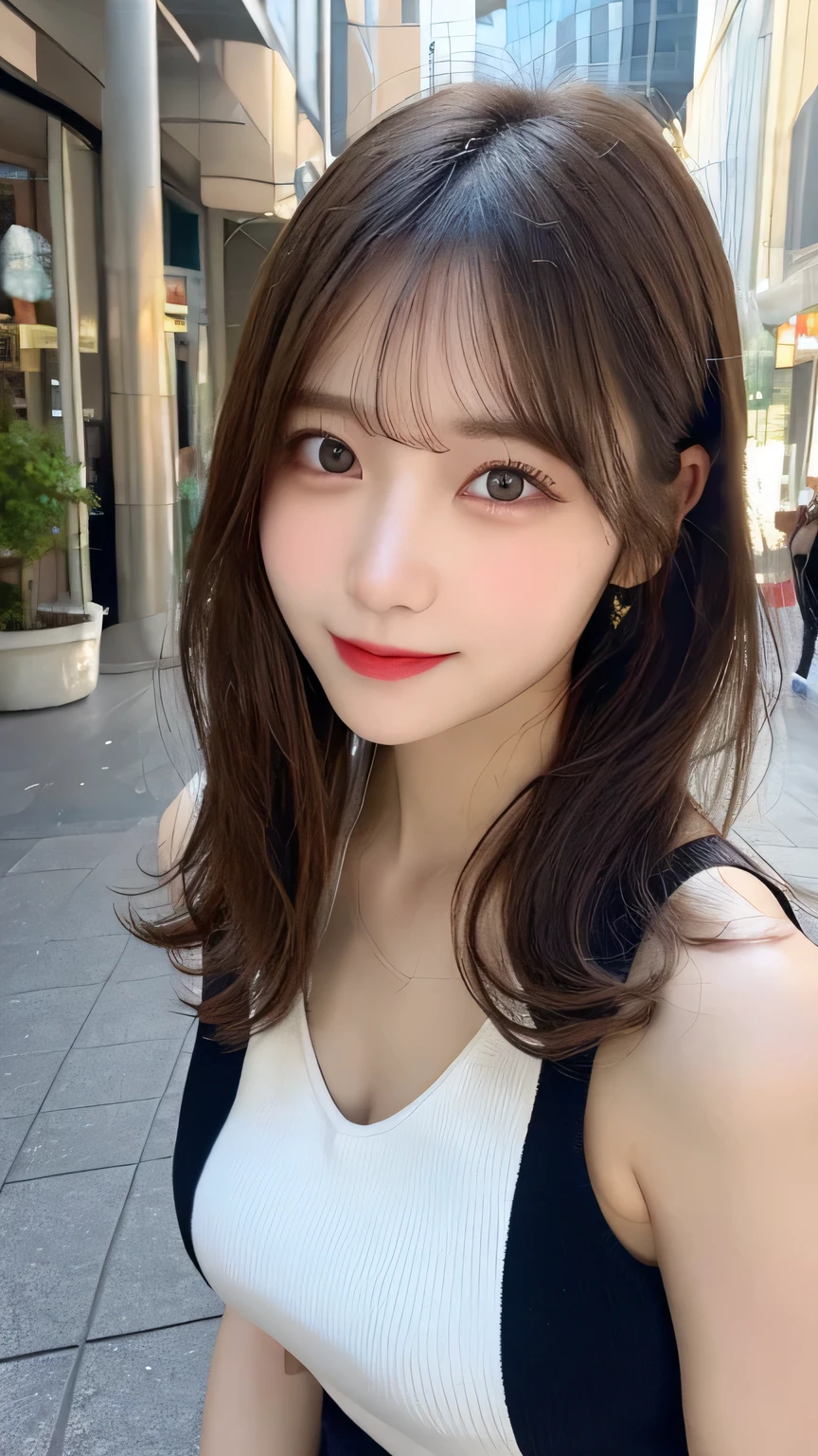 On the table, Highest quality, shape, Very detailed, Finer details, High resolution, 8k wallpaper, Perfect dynamic composition, Beautiful and delicate eyes, pain,Medium Hair, Big Breasts, Natural color lips, Casual and sexy pose,smile,Aoyama Pedestrian Street、Sleeveless dress、20-year-old girl、Slim shape