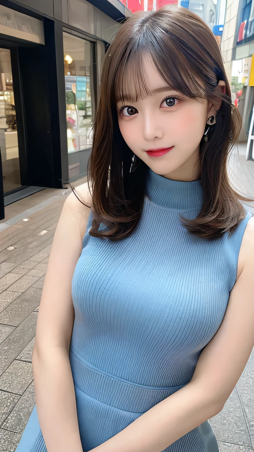 On the table, Highest quality, shape, Very detailed, Finer details, High resolution, 8k wallpaper, Perfect dynamic composition, Beautiful and delicate eyes, pain,Medium Hair, Big Breasts, Natural color lips, Casual and sexy pose,smile,Aoyama Pedestrian Street、Sleeveless dress、20-year-old girl、Slim shape