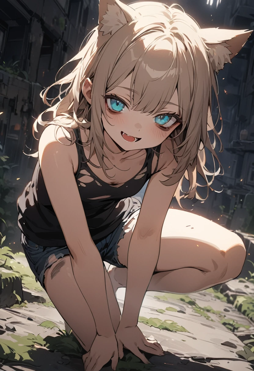 ((Masterpiece)), ((best quality)), (Anime:1.3), (super detail:1.2),(High Definition:1.3), (Professional Photography:1.2), cinematic lighting, (sharp focus), (perfect light), 8K, cinematic lighting, (full body), ((12 years old)), ((1girl)), (very messy hair), loose blunt bangs, (badly tattered and torn tanktop), dirty short pants, (Healthy slim body), small breasts, (:d), (naughty smile), golden eyes, (aqua eyes), looking at viewer, Textured skin, cat ears, (pale brown hair), Cute Beautiful girl, BREAK, ((best quality)), (full body), stooped posture, Forward leaning posture, (loose sitting on the Mossy abandoned cliff), slum townscape, (bags under eyes),
