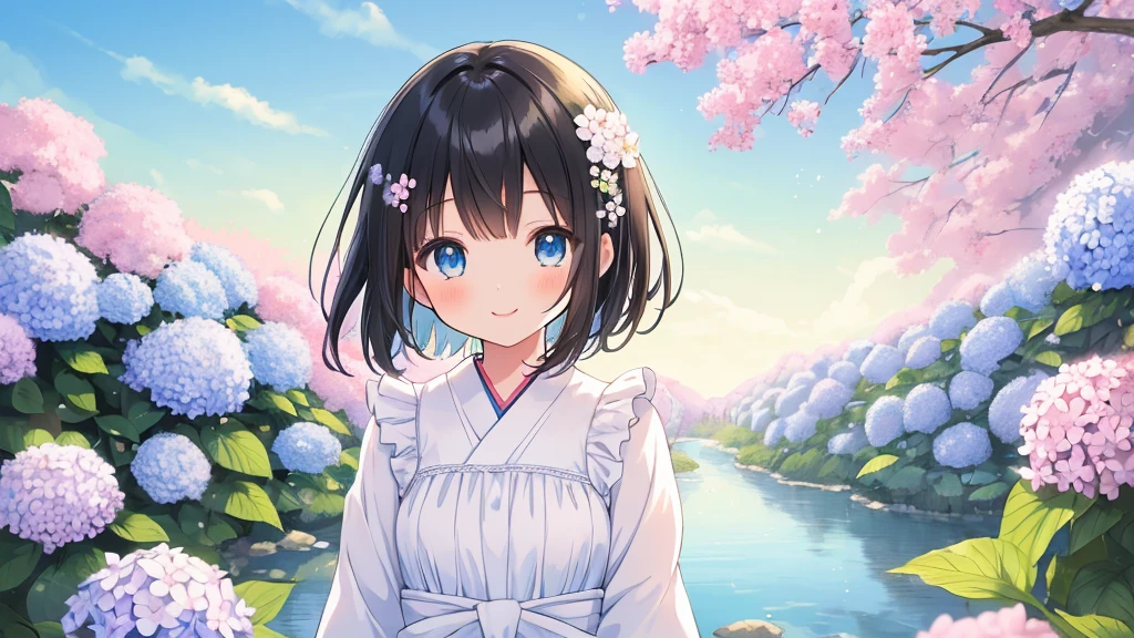 ((Masterpiece)), ((top quality)), very detailed, animated style illustration, Japanese style garden, 1girl, cute girl, solo, upper body, upper body focus, in the middle, white sundress, (beautiful eyes), beautiful black hair, short hair, flower hair ornament, blue eyes, slim, slender, (smile:1.2), Hydrangea in background, A soft and gentle anime illustration with pastel colors, featuring a 14-year-old girl with short black hair adorned with a small flower hair ornament and blue eyes. The artwork should have a fluffy and delicate style, capturing the youth and innocence of the girl. The pastel color scheme adds to the gentle and serene atmosphere of the illustration, emphasizing the girl's youthful and innocent appearance.