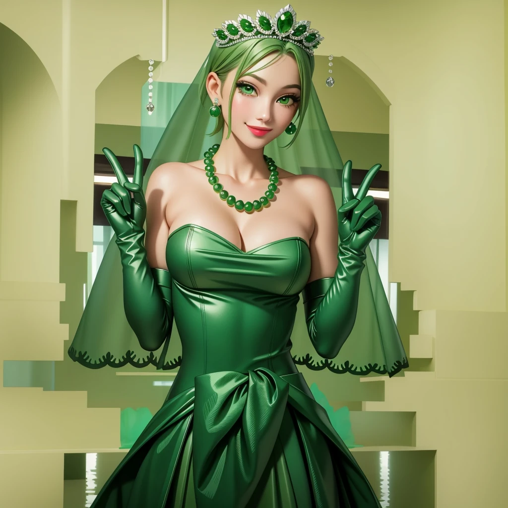 Emerald tiara, Green Pearl Necklace, ボーイッシュな非常に短いGreen Hair, Green Lips, Smiling Japanese woman, Very short hair, Busty beautiful lady, Green Eyes, Green satin long gloves, Green Eyes, Emerald Earrings, Green veil, Vseyin, Green Hair, Beautiful Japanese Woman, green lip gloss