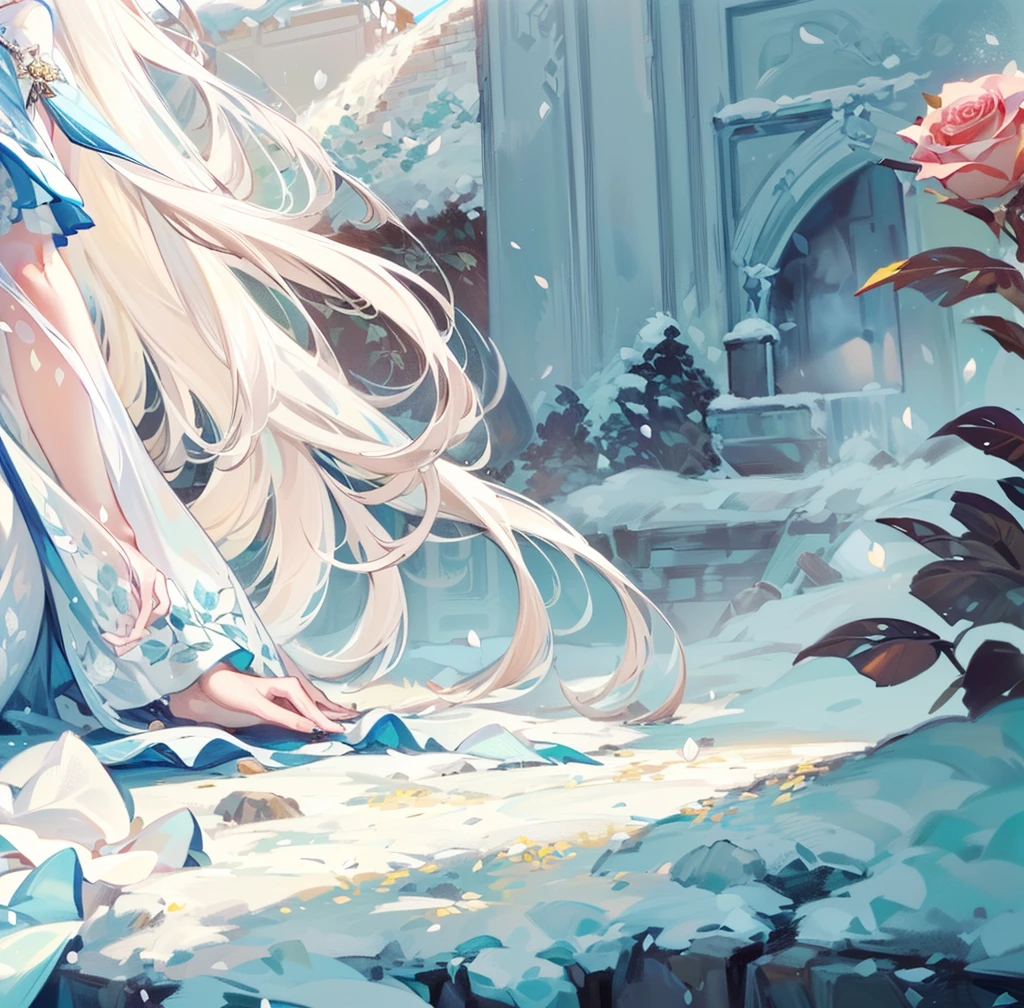 ((best quality,masterpiece,Extremely complex and exquisite details)),White long straight hair,(correct anatomy,Holding hands on the ground),(Exquisite light blue and white clothing,Beautiful bright and exquisite snow white ancient style high transparent architectural background),(Rose,Snow,Falling Flowers,Majestic and elegant outdoors)