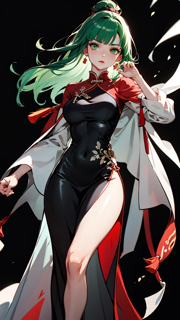 Masterpiece, Best quality, 1 Female, Mature Woman, Elder Sister, young girl, Royal Sister, the expression cold, strong, green eyes, long hair, smoky mix green color hair, resolute eyes, red lips, simple black and white chinese dress, Chinese mix morden, frontal photo, black or white background, simple background, anime, illustration, serious outfit
