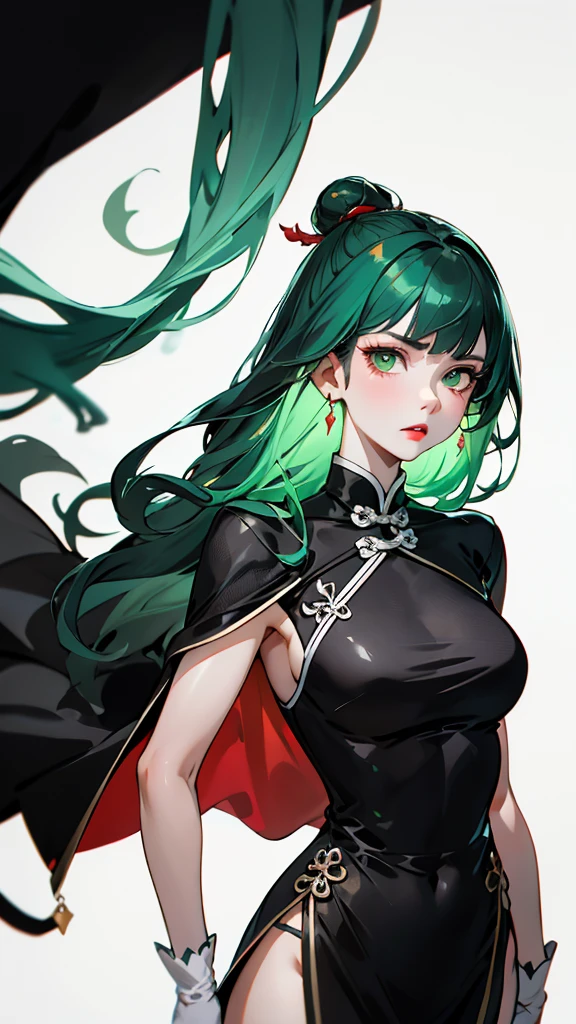 Masterpiece, Best quality, 1 Female, Mature Woman, Elder Sister, young girl, Royal Sister, the expression cold, strong, green eyes, long hair, smoky mix green color hair, resolute eyes, red lips, simple black and white chinese dress, Chinese mix morden, frontal photo, black or white background, simple background, anime, illustration, serious outfit
