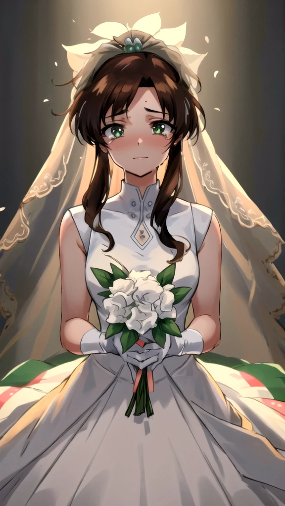 masterpiece, best quality, absurdres, perfect antomy, 1girl, SMJupiter, brown hair, green eyes, masterpiece, highest quality, 8K, 超High resolution, highest quality, anime style, best writing, beautiful face, smile, 1 girl, Crying with joy, blush, highest quality, High resolution, intricate details, highest quality, chromatic aberration, brown hair, Do not tie hair, 1 girl, alone, (Wedding dress:1.3), (wedding veil:1.3), bouquet, long hair, thighs, long hair, (Upper body:1.3), wedding hall, cry tears, tears flow