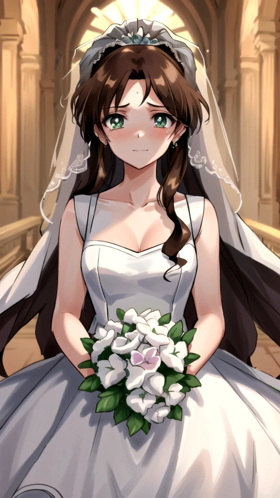 masterpiece, best quality, absurdres, perfect antomy, 1girl, SMJupiter, brown hair, green eyes, masterpiece, highest quality, 8K, 超High resolution, highest quality, anime style, best writing, beautiful face, smile, 1 girl, Crying with joy, blush, highest quality, High resolution, intricate details, highest quality, chromatic aberration, brown hair, Do not tie hair, 1 girl, alone, (Wedding dress:1.3), (wedding veil:1.3), bouquet, long hair, thighs, long hair, (Upper body:1.3), wedding hall, cry tears, tears flow