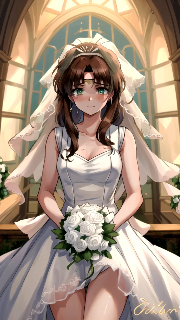 masterpiece, best quality, absurdres, perfect antomy, 1girl, SMJupiter, brown hair, green eyes, masterpiece, highest quality, 8K, 超High resolution, highest quality, anime style, best writing, beautiful face, smile, 1 girl, Crying with joy, blush, highest quality, High resolution, intricate details, highest quality, chromatic aberration, brown hair, Do not tie hair, 1 girl, alone, (Wedding dress:1.3), (wedding veil:1.3), bouquet, long hair, thighs, long hair, (Upper body:1.3), wedding hall, cry tears, tears flow