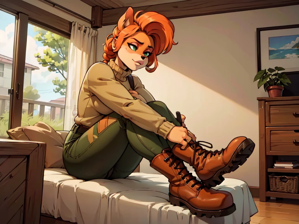 anthro bandicoot girl redhead, braided hair, beautiful green eyes, relaxing moment, sexy ,seductive, warm sweater, camouflage pants, army boots, , cozy lighting, vibrant colors , girl anthro , sweater, camouflage pants, army boots, hands to boots tying your shoelaces