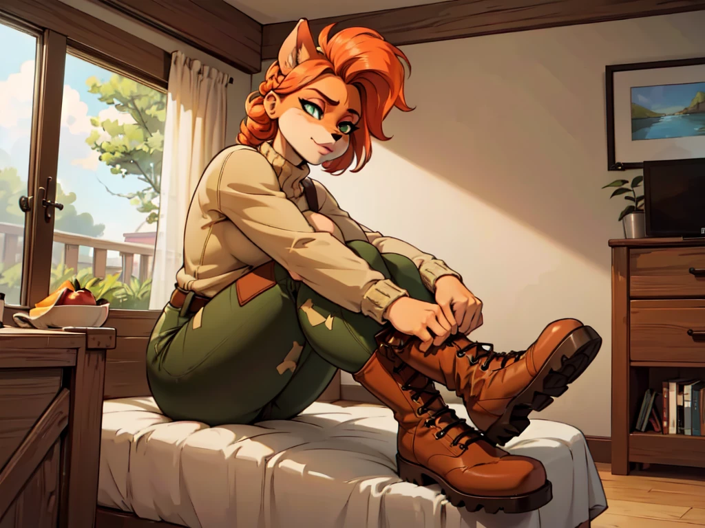 anthro bandicoot girl redhead, braided hair, beautiful green eyes, relaxing moment, y ,seductive, warm sweater, camouflage pants, army boots, , cozy lighting, vibrant colors , girl anthro , sweater, camouflage pants, army boots, hands to boots tying your shoelaces