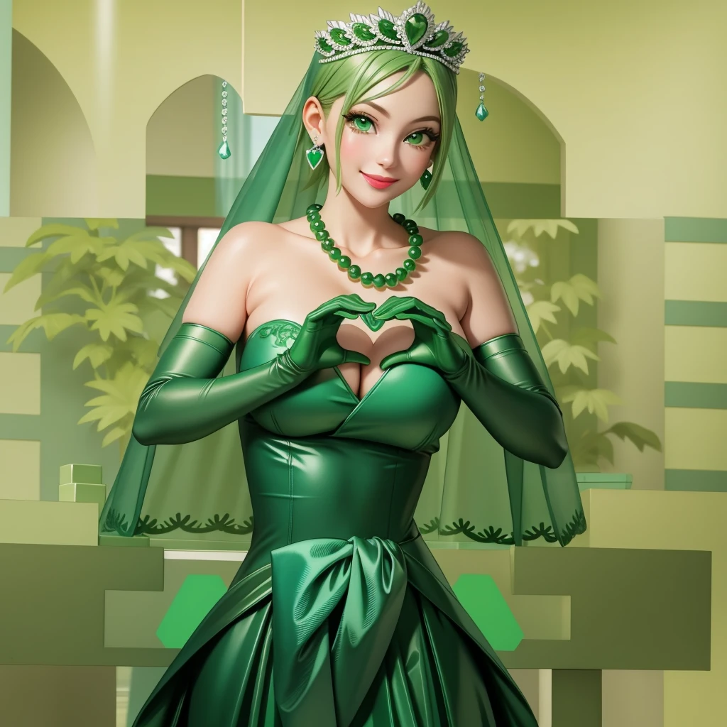 Emerald tiara, Green Pearl Necklace, ボーイッシュな非常に短いGreen Hair, Green Lips, Smiling Japanese woman, Very short hair, Busty beautiful lady, Green Eyes, Green satin long gloves, Green Eyes, Emerald Earrings, Green veil, Heart with both hands, Green Hair, Beautiful Japanese Women, Heart shaped hands:1.3, green lip gloss