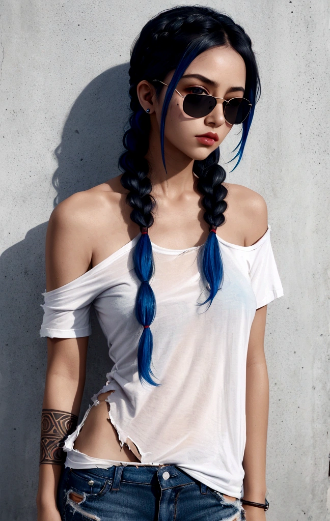 1girl, face, black sunglasses, double braid hair, blue hair, rouge skin, close up shot, thirty degrees left view, match stick in the lips, bare shoulder, ((rip clothes 1.6)) dark t-shirt ((torn t-shirt 1.6)), (super accurate 1.2)