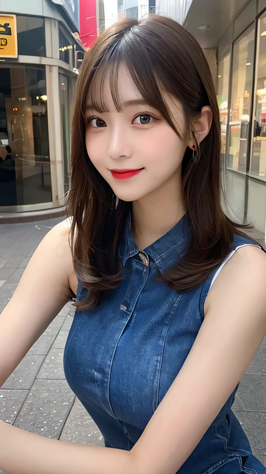 On the table, Highest quality, shape, Very detailed, Finer details, High resolution, 8k wallpaper, Perfect dynamic composition, Beautiful and delicate eyes, pain,Medium Hair, Big Breasts, Natural color lips, Casual and sexy pose,smile,Aoyama Pedestrian Street、Sleeveless dress、20-year-old girl、Slim shape