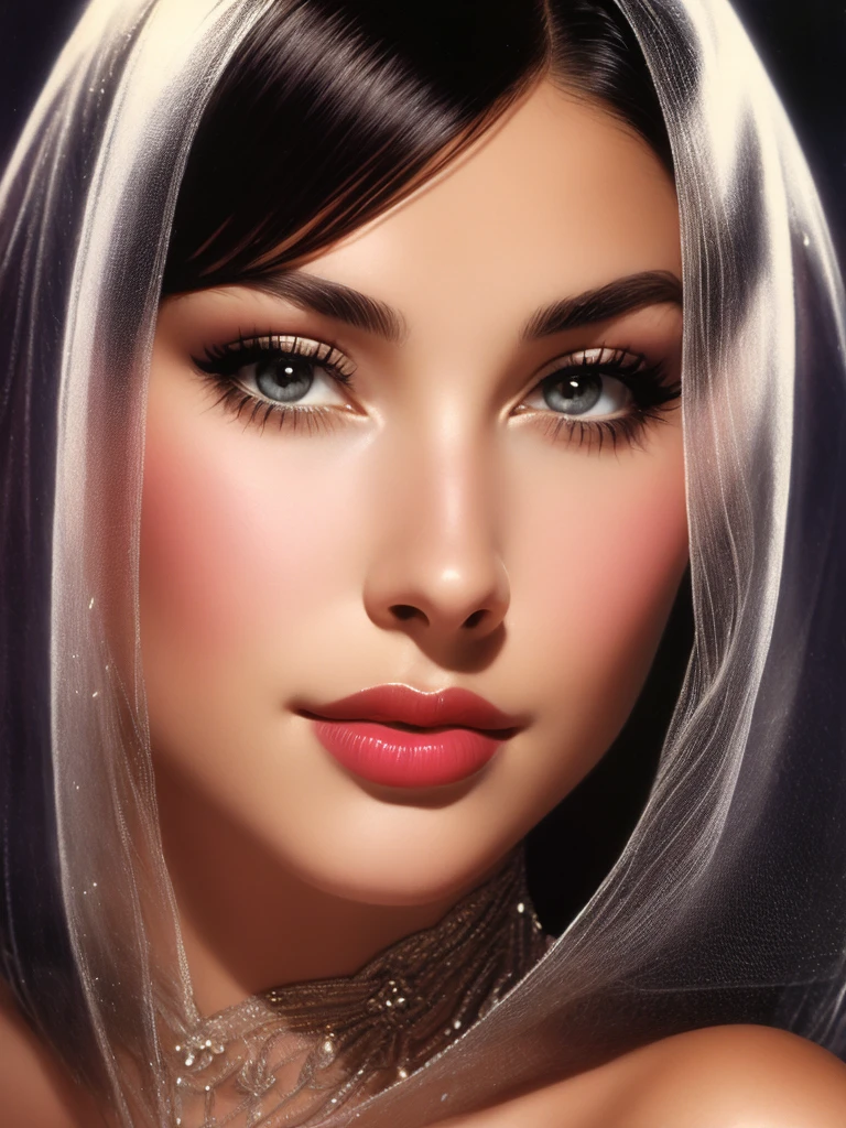 1970s,Direction: Alberto Vargas,(best qualityer, artwork), ultra-detailed and delicate portrait of a beautiful and timeless girl,black female, sultry eyes, close up, estilo de Rolf Armstrong, Light and Shade,face load,sexy face, beautiful nose, do different hair, make variations of female noses,woman from Switzerland