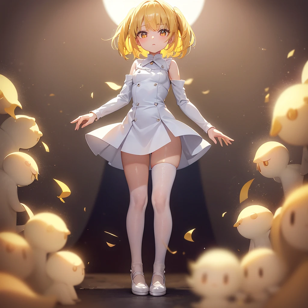 ((White leather shoes)),Cute little ,Tiny ,Small girl,,Childish face, Very fine clean face,Top quality, Big eyes,Straight Hair,Yellow hair,Crimson Eye,(Dark Room), Subtle light, Natural light,Soft lighting,Light from directly behind, (Are standing), Cute pose, (Open your hands), Showing the whole body,Front view,Black background