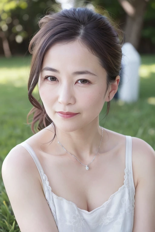Beautiful mature 55 year old Japanese woman, Married women, Fine lines, Long eyelashes, Shining Eyes, Low Ponytail, Red lipstick, elegant, Gorgeous figure, Pearl Necklace, Satin cami night dress, Lying on the green grass, Lie on your back, , (Highest quality,4K,8K,High resolution,masterpiece:1.2),Very detailed,(Realistic,photoRealistic,photo-Realistic:1.37),High resolution,超High resolution,Studio Lighting,Ultra-fine painting,Sharp focus,Physically Based Rendering,Very detailed説明,Professional,Vibrant colors,Bokeh,Portraiture