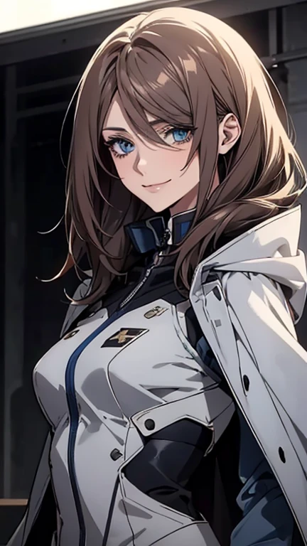 (Highest quality,High resolution,Very detailed),1 Girl, Beautiful and exquisite light blue eyes, Brown Hair, Cold Smile,Grudge,Indignant,Long straight tail tied at the back, Wearing a white and navy blue flight suit,Wearing a black cloak, Mature Woman, Age 25,Cruel smile, Calm and Calm, Slim figure, Pale complexion, thin, Calm, In the Hangar.operator,secretary