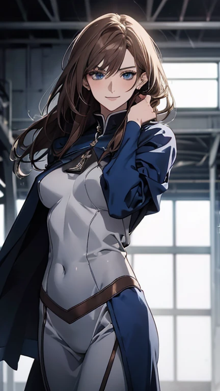 a cartoon woman, with shorts, tank top and a grey jacket, 1girl, solo, shorts, jacket, thighhighs, saunders military uniform, short shorts, nonna (girls und panzer), white background, shirt, blue eyes, brown jacket, long hair, hand on hip, black shirt, blue shorts, cosplay, white thighhighs, denim shorts, simple background, swept bangs, military, closed mouth, military uniform, uniform, bangs, looking at viewer, long sleeves, denim, open clothes, open jacket, large breasts, standing, emblem