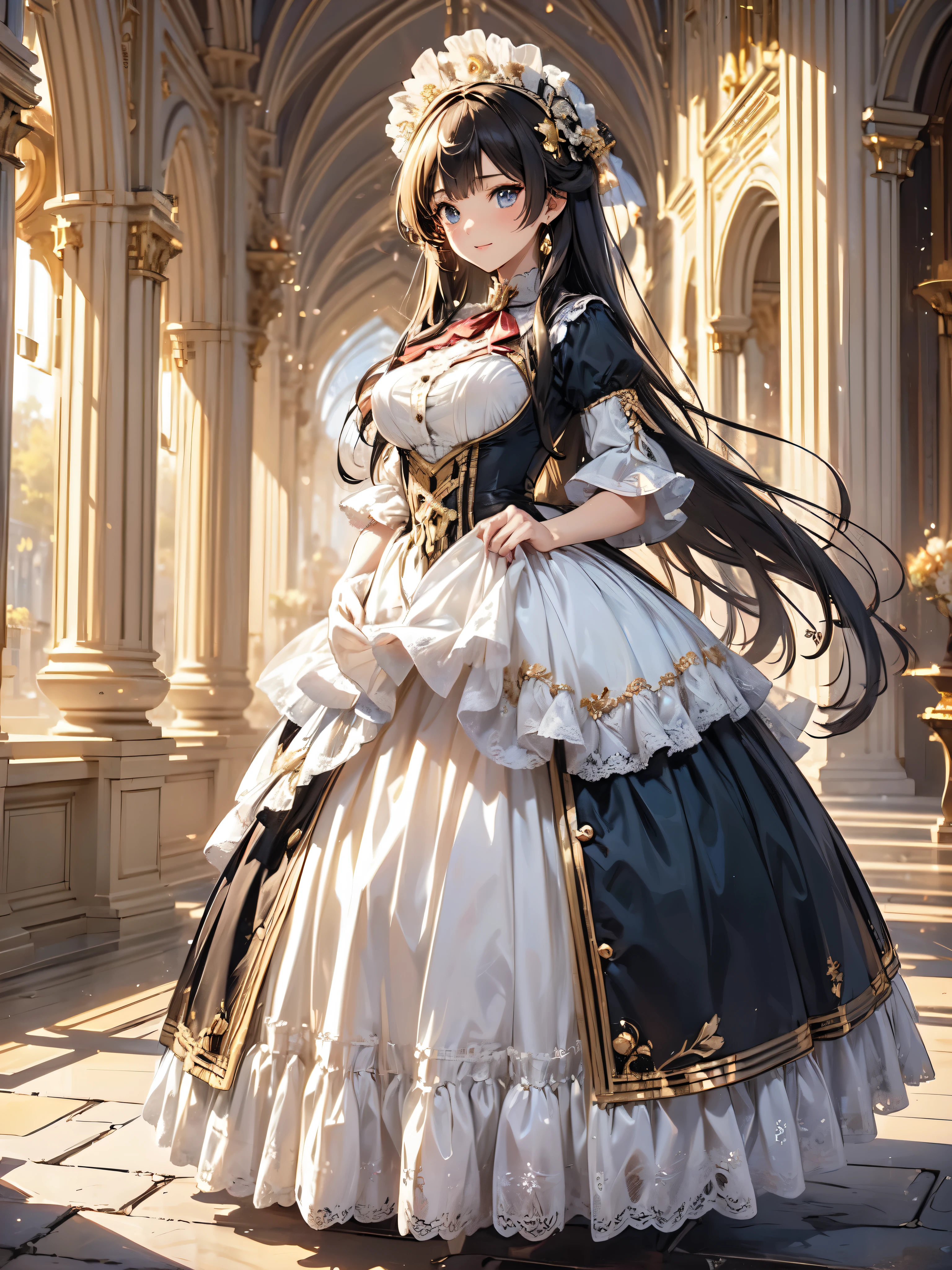 (((Ultra gorgeous beautiful dress is rococo victorian gown with hoopskirt and long hems))), (solo lady :1.2:huge breasts:1.2), (Expressive hair:1.2:very voluminous and very long hair:1.2), bangs, (full body:1.3), (super delicate face:1.3:masterpiece:1.3:ultra detailed:1.3:an extremely delicate and beautiful:1.2:unity 16k wallpaper:1.1), (moe anime art style:1.1),