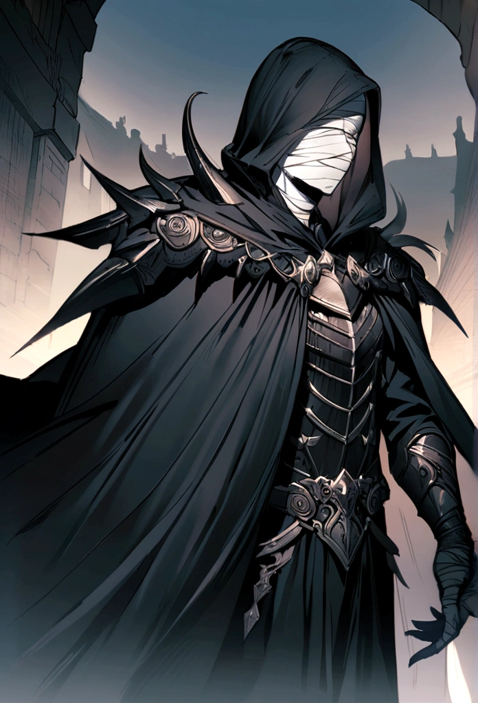 There&#39;s a man in a black cape, bandages covering your eyes, epic fantasy style.