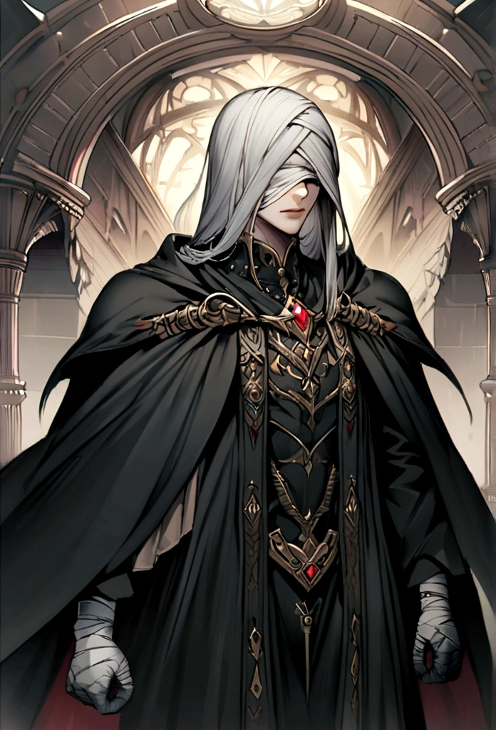 There&#39;s a man in a black cape, bandages covering your eyes, epic fantasy style.