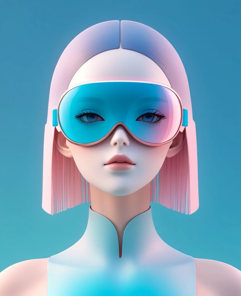 3D illustration of the upper body and face of an artificial intelligence model wearing a futuristic eye mask, Stylish glasses with tassels，Gradient background, Pastel color palette, pink blue, Simplicity, Matte plastic surface, Surrealism,