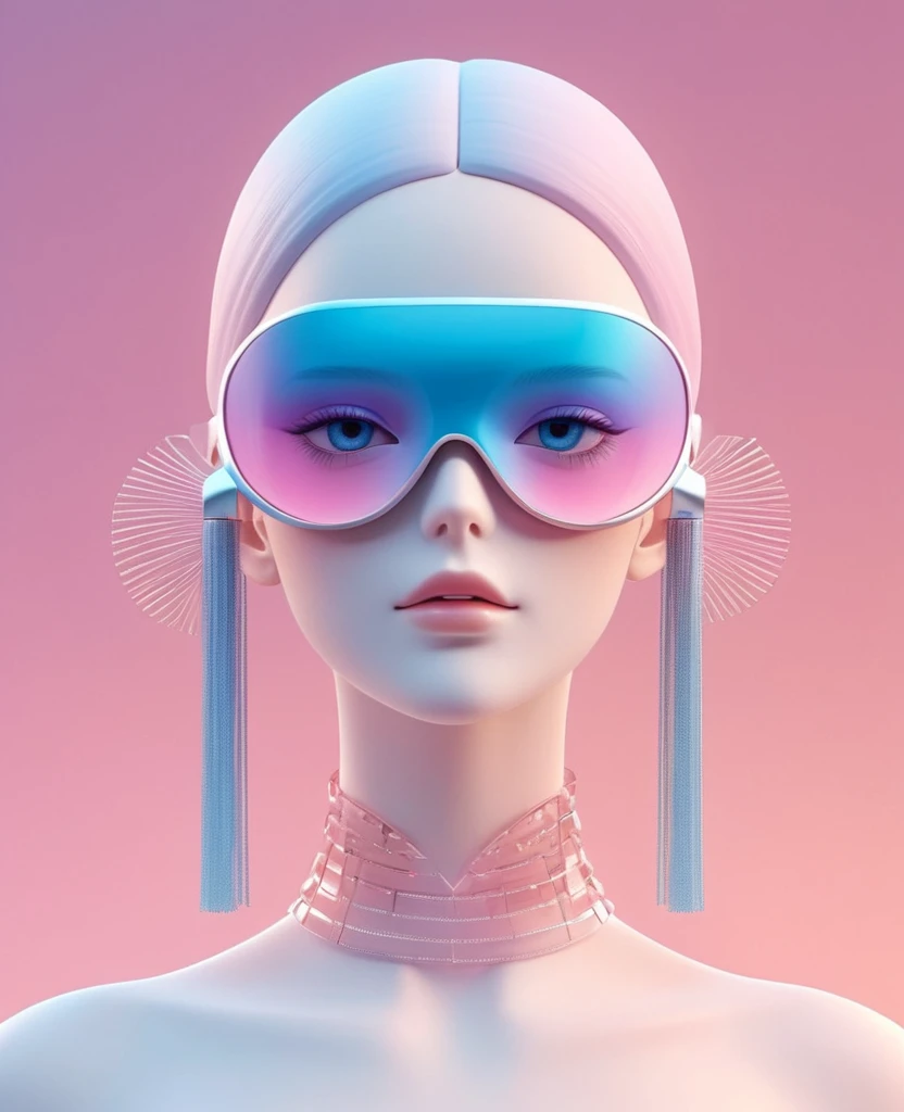 3D illustration of the upper body and face of an artificial intelligence model wearing a futuristic eye mask, Stylish glasses with tassels，Gradient background, Pastel color palette, pink blue, Simplicity, Matte plastic surface, Surrealism,