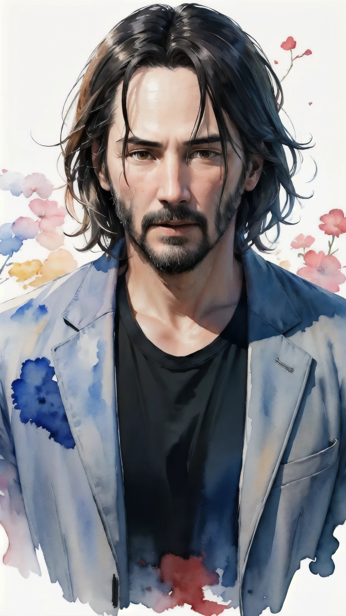 (masterpiece:1.2, Highest quality),8K,wallpaper,((watercolor)),Middle-aged man painting,Keanu Reeves,John Wick style,Upper body close-up,front,Jacket,T-Shirts,Detailed face,,Cool guy