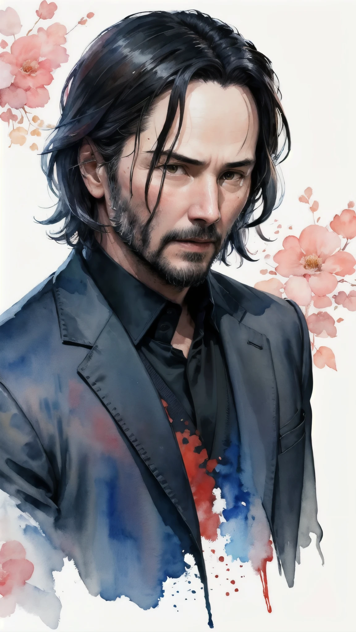 (masterpiece:1.2, Highest quality),8K,wallpaper,((watercolor)),Middle-aged man painting,Keanu Reeves,John Wick style,Upper body close-up,front,Jacket,T-Shirts,Detailed face,,Cool guy