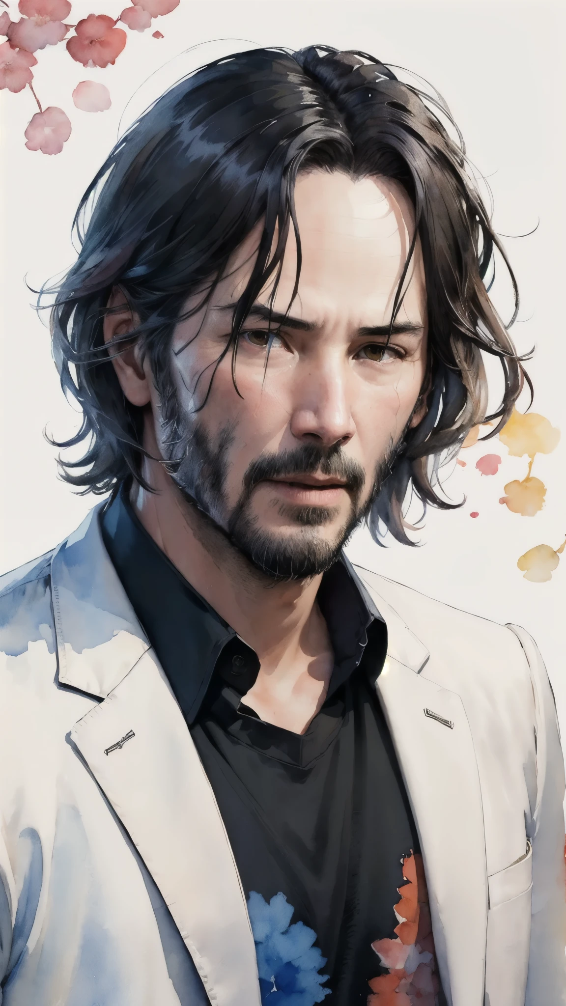 (masterpiece:1.2, Highest quality),8K,wallpaper,((watercolor)),Middle-aged man painting,Keanu Reeves,John Wick style,Upper body close-up,front,Jacket,T-Shirts,Detailed face,,Cool guy