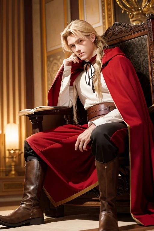 The Young King。Blonde and long-haired、Hair tied up around the neck。He has a handsome face and has a weakness for women.。But muscular、Overall slim silhouette。He is dressed in simple Western armor and a red cloak.。The lower half of the body is wearing pants and boots。
Picture the King above relaxing in his royal quarters and reading a book.。
