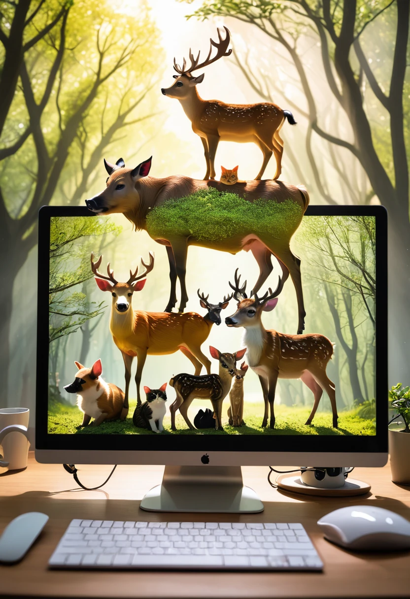 pig、ox、Cat、dog、deer，Stacked on top of each othell the screen，Hyper-exposure
