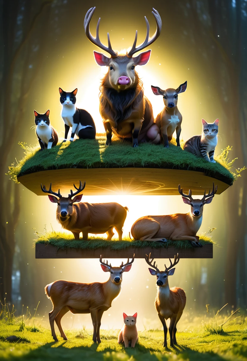 pig、ox、Cat、dog、deer,Stacked on top of each othell the screen,Hyper-exposure