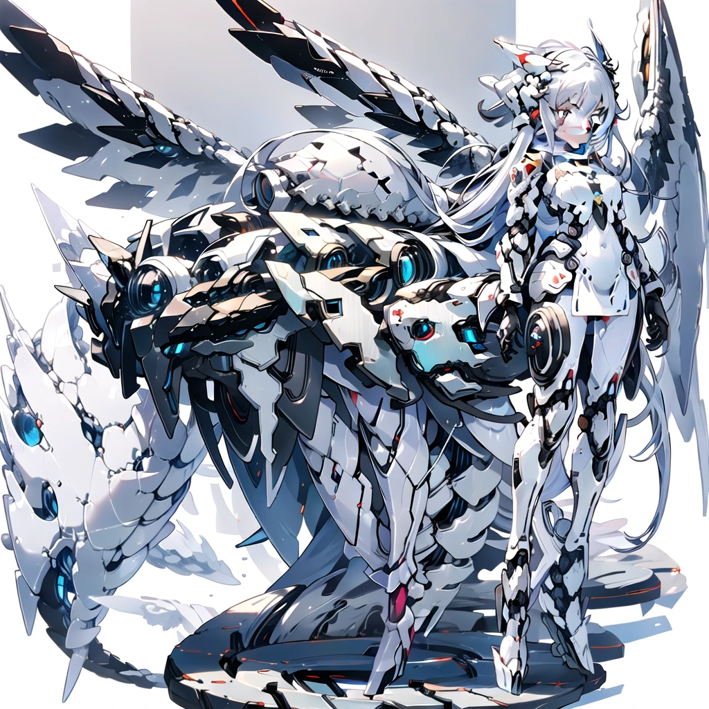 masterpiece, highest quality, highest resolution, clear_image, detailed details, White hair, long hair, cat ears, 1 girl, red eyes, white pantyhose, white sci-fi dress, white scarf (white scarf around the neckwith a light blue glow), gray futuristic halo (gray halo over the head), white wings (4 wings), cute, full body, no water marks
