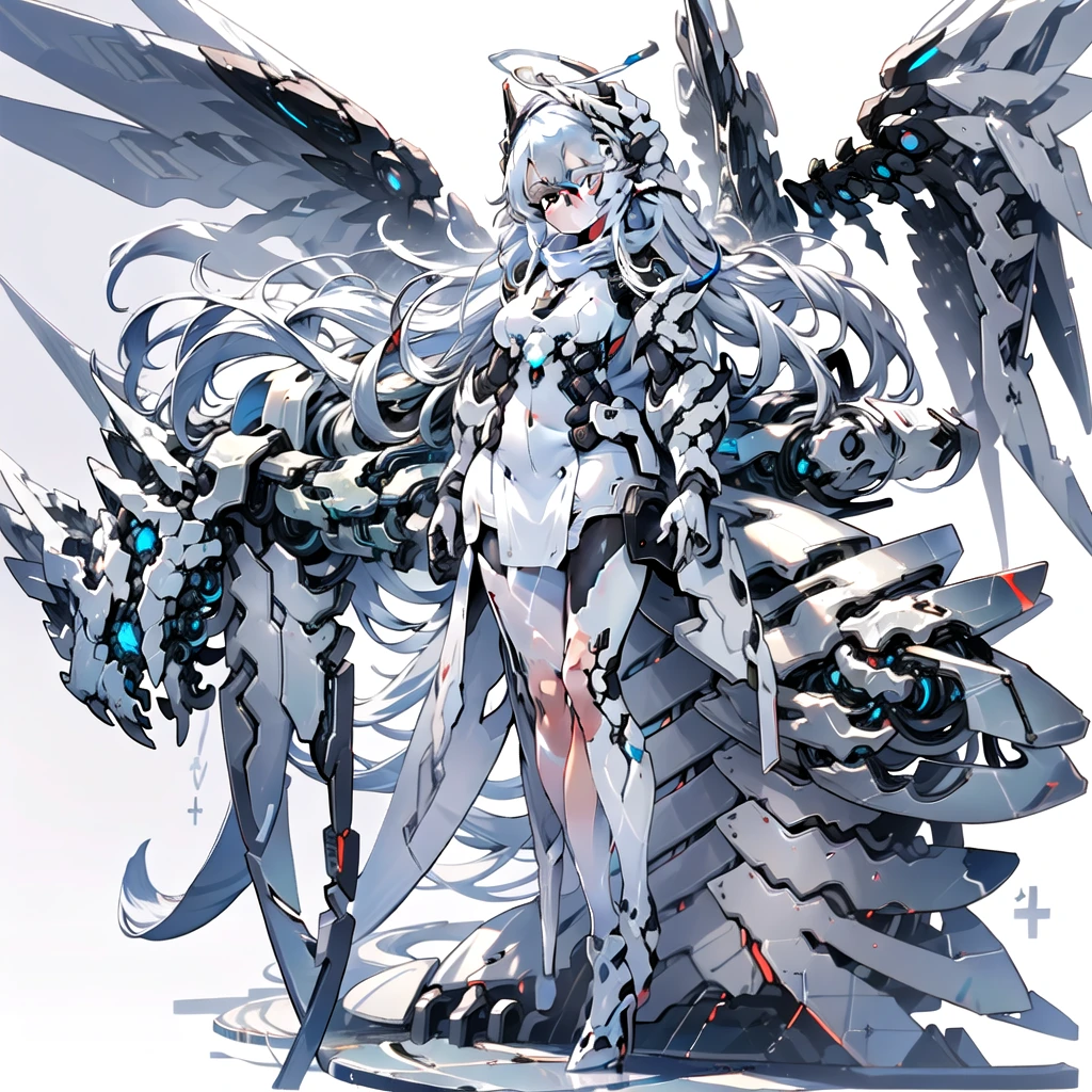 masterpiece, highest quality, highest resolution, clear_image, detailed details, White hair, long hair, cat ears, 1 girl, red eyes, white pantyhose, white sci-fi dress, white scarf (white scarf around the neckwith a light blue glow), gray futuristic halo (gray halo over the head), white wings (4 wings), cute, full body, no water marks
