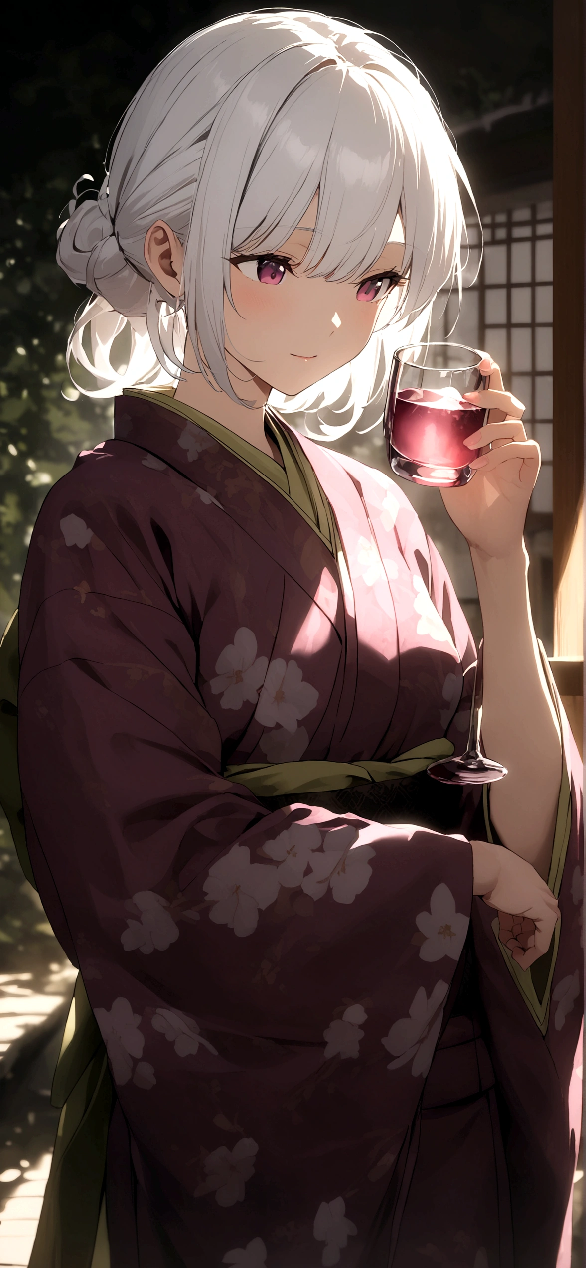 Holding a rocks glass of plum wine、kimono、White Hair