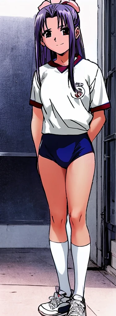 Momoko Koigakubo, a tall girl with beautiful legs, is standing there smiling in her white gym clothes and light navy blue bloomers that look like panties.。In front of Momoko, standing next to her is a boy in his first year of elementary school wearing a tracksuit with a big smile on his face, who is being held by Momoko Koigakubo.。