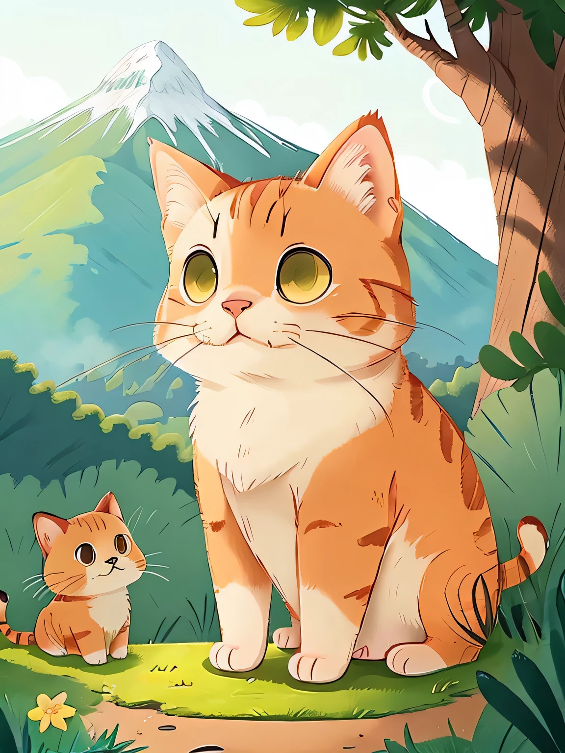 American Shorthair,Amesho,Cat , Looking into the distance。sun,Mountain Layers,Sparkling dew,