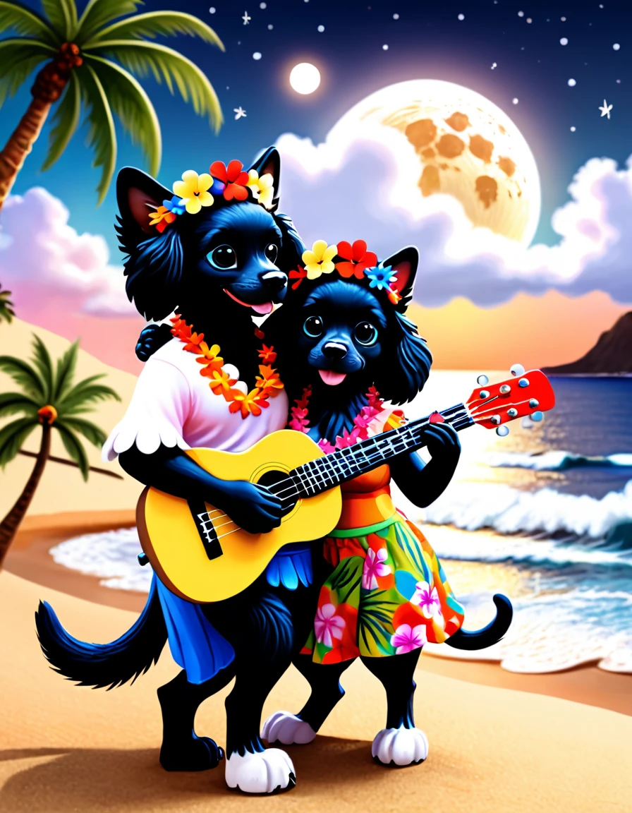 3DCG, cute and fluffy anthropomorphic animal couple in Hawaiian setting. Cat flamenco dancer and black American Cocker Spaniel ukulele player cuddling. Cat has soft fur, wears colorful muumuu and flower crown. Dog has long floppy ears, fluffy coat, wearing aloha shirt, holding ukulele. Both have adorable large eyes, happy expressions, gazing lovingly at each other. Background: 3D rendered large full moon, soft flowing clouds. Below, shimmering ocean surface with moonlit ripples. Palm tree silhouettes on shore. Warm color palette, soft lighting, romantic and dreamy atmosphere. Detailed fur textures and fabric renderings emphasizing fluffy, cuddly appearance."