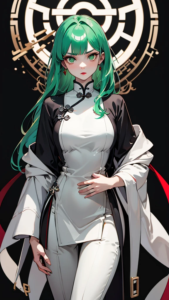 Masterpiece, Best quality, 1 Female, Mature Woman, Elder Sister, young girl, Royal Sister, the expression cold, strong, green eyes, long hair, smoky mix green color hair, resolute eyes, red lips, simple black and white chinese dress, Chinese mix morden, wear trouser, frontal photo, black or white background, simple background, anime, illustration, serious outfit