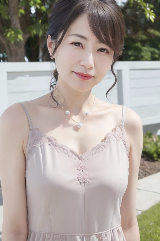 Beautiful mature 55 year old Japanese woman, Married women, Fine lines, Long eyelashes, Shining Eyes, Low Ponytail, Red lipstick, elegant, Gorgeous figure, Pearl Necklace, Satin cami night dress, Lying on the green grass, (Highest quality,4K,8K,High resolution,masterpiece:1.2),Very detailed,(Realistic,photoRealistic,photo-Realistic:1.37),High resolution,超High resolution,Studio Lighting,Ultra-fine painting,Sharp focus,Physically Based Rendering,Very detailed説明,Professional,Vibrant colors,Bokeh,Portraiture