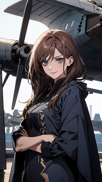 (Highest quality,High resolution,Very detailed),1 Girl, Beautiful and exquisite light blue eyes, Brown Hair, Cold Smile,Grudge,Indignant,Long straight tail tied at the back, Wearing a white and navy blue flight suit,Wearing a black cloak, Mature Woman, Age 25,Cruel smile, Calm and Calm, Slim figure, Pale complexion, thin, Calm, In the Hangar.operator,secretary
