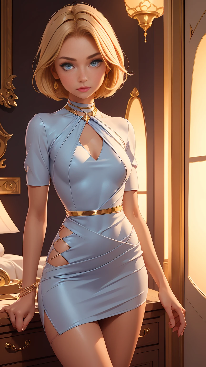 Beautiful  young girl with short straight blonde hair with blue eyes wearing Tight And Short Dress, Sexy Criss Cross Mock Neck Short Sleeves Dress, luxurious jewelry and a luxurious necklace, standting in her fiiting room at night, (caucasian skin), (light brown lipstick), (elegant mascara), (slim body), (small breasts), (wide hips), midjourney, <lora:GoodHands-, <lora:GoodLegs-, <lora:GoodEyes-, UHD, high resolution, (expressive eyes, perfect face, full body, expressive face, perfect body, perfect pussy, athletic, fit, slim body, blushing, Perfect makeup, eyeliner, beautiful eyelashes, smiling, horny face), ((best illumination, best shadows)), ((sexy pose))