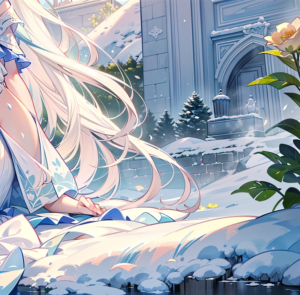 ((best quality,masterpiece,Extremely complex and exquisite details)),White long straight hair,(correct anatomy,Holding hands on the ground),(Exquisite light blue and white clothing,Beautiful bright and exquisite snow white ancient style high transparent architectural background),(Rose,Snow,Falling Flowers,Majestic and elegant outdoors)