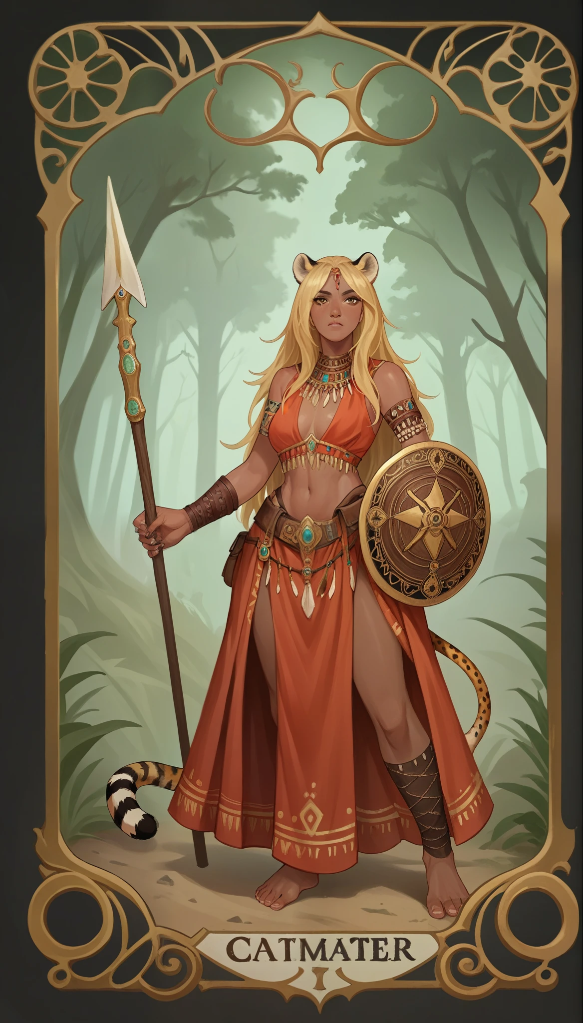 score_9, score_8_up, score_7_up, score_6_up, score_5_up, score_4_up, 
female, (cheetah:1.2), animal ears, holding spear in hand, holding shield in her other hand, long hair, dark_skin, dark_skinned_female, blonde hair, brown eyes, eyelashes, frills, tribal outfit,
Full body standing painting, (((solo))), Simple line design, ((tarot card background, symmetric beauty)), perfectly symmetrical, The art of symmetry, Standing drawings of characters, ((flatcolors)), tmasterpiecetop Qualities qualtiy