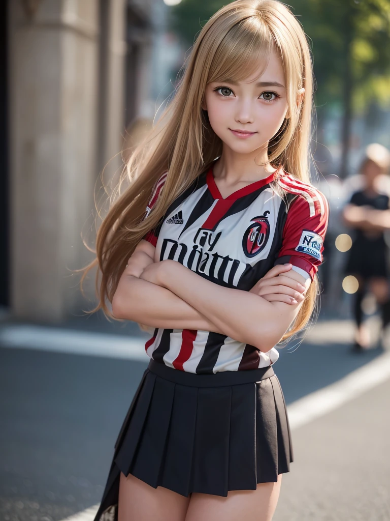 (8K, RAW Photos, Highest quality, masterpiece:1.2), (Realistic, photo-Realistic:1.4), (Highly detailed 8K wallpapers), ((Full Body Shot)), (1 girl), Sharp focus, Depth of written boundary, Cinematic lighting, Soft Light, 緻密な美しさのeye, eye_Chan, Very beautiful 17 year old girl, innocent big eyes, Realistic, photo Realistic, Highly detailed cute girl, (Thin thighs), (Model Body Type), (((AC Milan soccer jersey))), ((Micro Mini Pleated Skirt)), (((Fold your arms in front of your chest and act arrogantly))), ((A happy smile)), Parted lips, Watching the audience, (On the streets of Italy) , (Blonde),(Long Bob Hair), (Asymmetrical bangs)