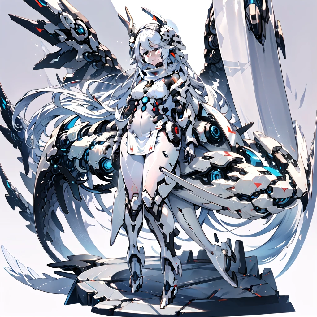 masterpiece, highest quality, highest resolution, clear_image, detailed details, White hair, long hair, cat ears, 1 girl, red eyes, white pantyhose, white sci-fi dress, white scarf (white scarf around the neckwith a light blue glow), gray futuristic halo (gray halo over the head), white wings (4 wings), cute, full body, no water marks, outer space