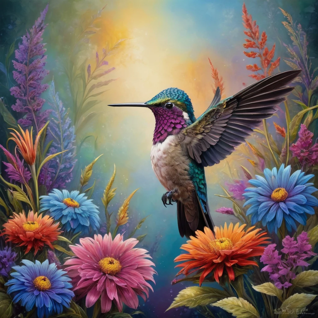 A hummingbird perched on a flower, its feathers adorned with vibrant colors, placed against a natural background. The hummingbird is depicted in intricate detail, strong colors, and high definition quality, immersing viewers in the scene.