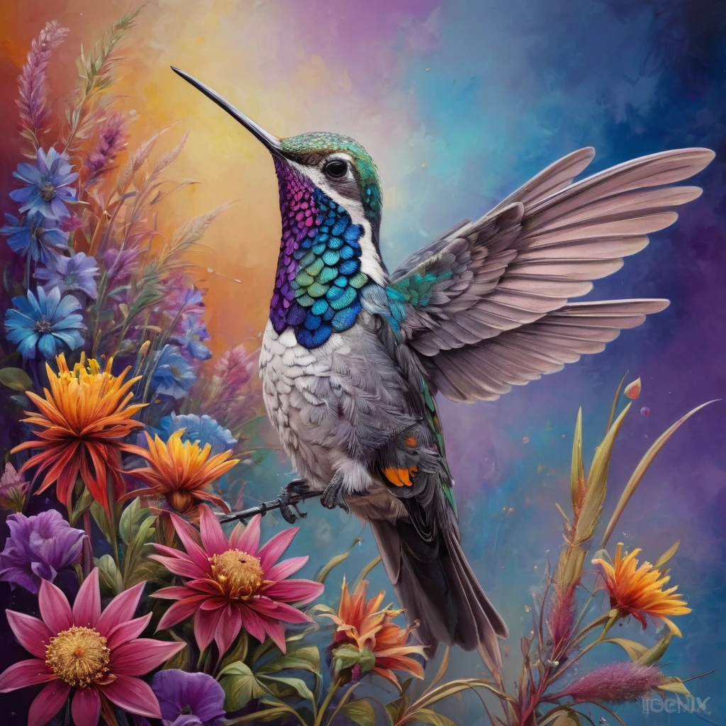 A hummingbird perched on a flower, its feathers adorned with vibrant colors, placed against a natural background. The hummingbird is depicted in intricate detail, strong colors, and high definition quality, immersing viewers in the scene.