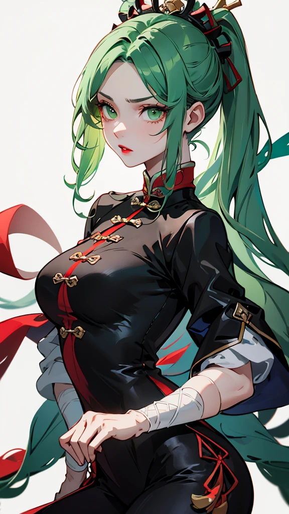 Masterpiece, Best quality, 1 Female, Mature Woman, Elder Sister, young girl, Royal Sister, the expression cold, strong, green eyes, long hair, smoky mix green color hair, resolute eyes, red lips, simple black and white chinese dress, Chinese mix morden, wear trouser, frontal photo, black or white background, simple background, anime, illustration, serious outfit